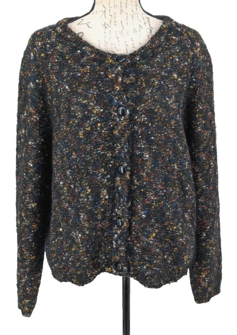 Mohair Blend Cardigan Sweater LARGE Black Multi Tweed Grunge Edgy Acadamia